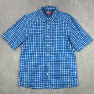 Simms Fishing Shirt Mens Medium Blue White Plaid Short Sleeve Button Performance